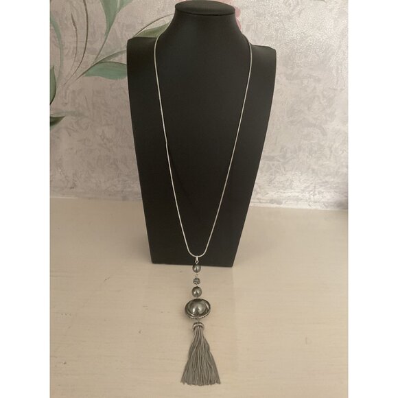 Vera Wang Jewelry - Vera Wang Silver Long Chain Necklace With Tassel Pendant & Bead Accents